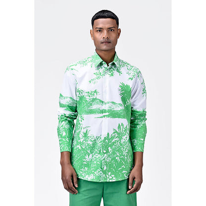 Genes Lecointe Hemant Landscape Print Regular Fit Men's Button-Up Shirt-Spring Green