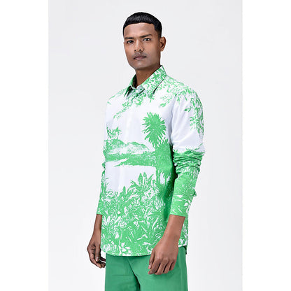 Genes Lecointe Hemant Landscape Print Regular Fit Men's Button-Up Shirt-Spring Green