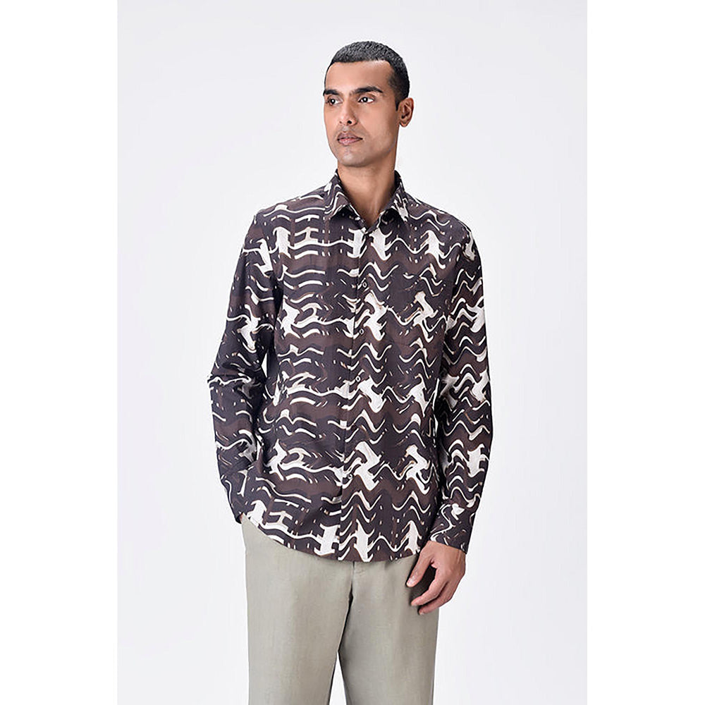 Genes Lecointe Hemant Regular Fit Button-Up Shirt with Solar Wave Check Print Chocolate Brown