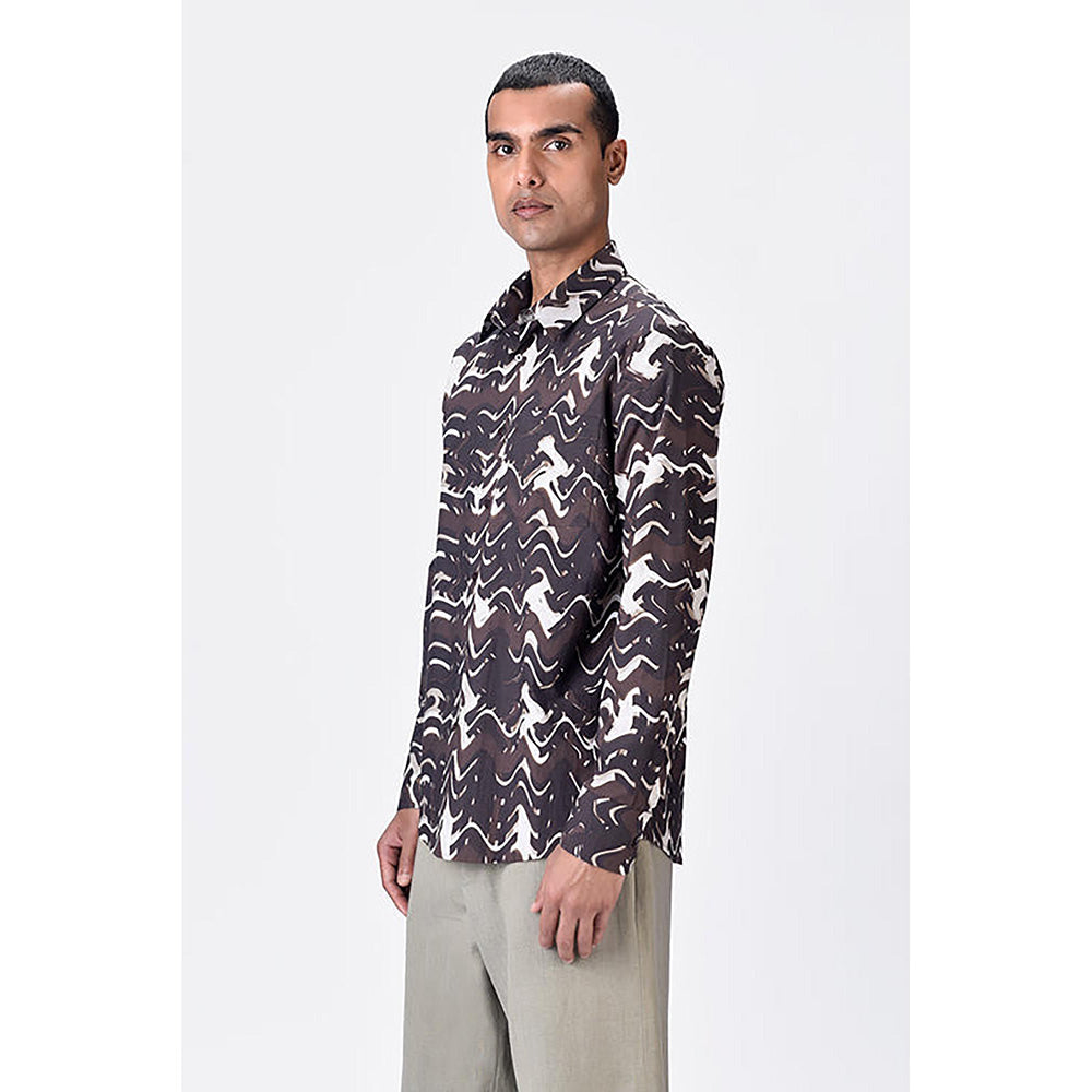 Genes Lecointe Hemant Regular Fit Button-Up Shirt with Solar Wave Check Print Chocolate Brown