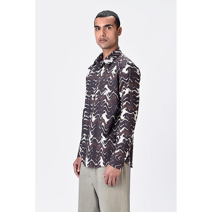 Genes Lecointe Hemant Regular Fit Button-Up Shirt with Solar Wave Check Print Chocolate Brown