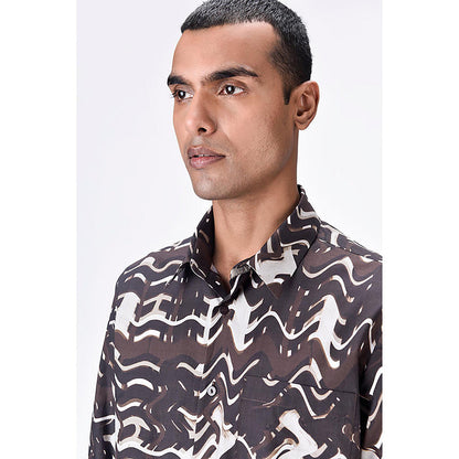 Genes Lecointe Hemant Regular Fit Button-Up Shirt with Solar Wave Check Print Chocolate Brown