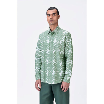 Genes Lecointe Hemant Regular Fit Button-Up Shirt with Solar Wave Check Print Taupe