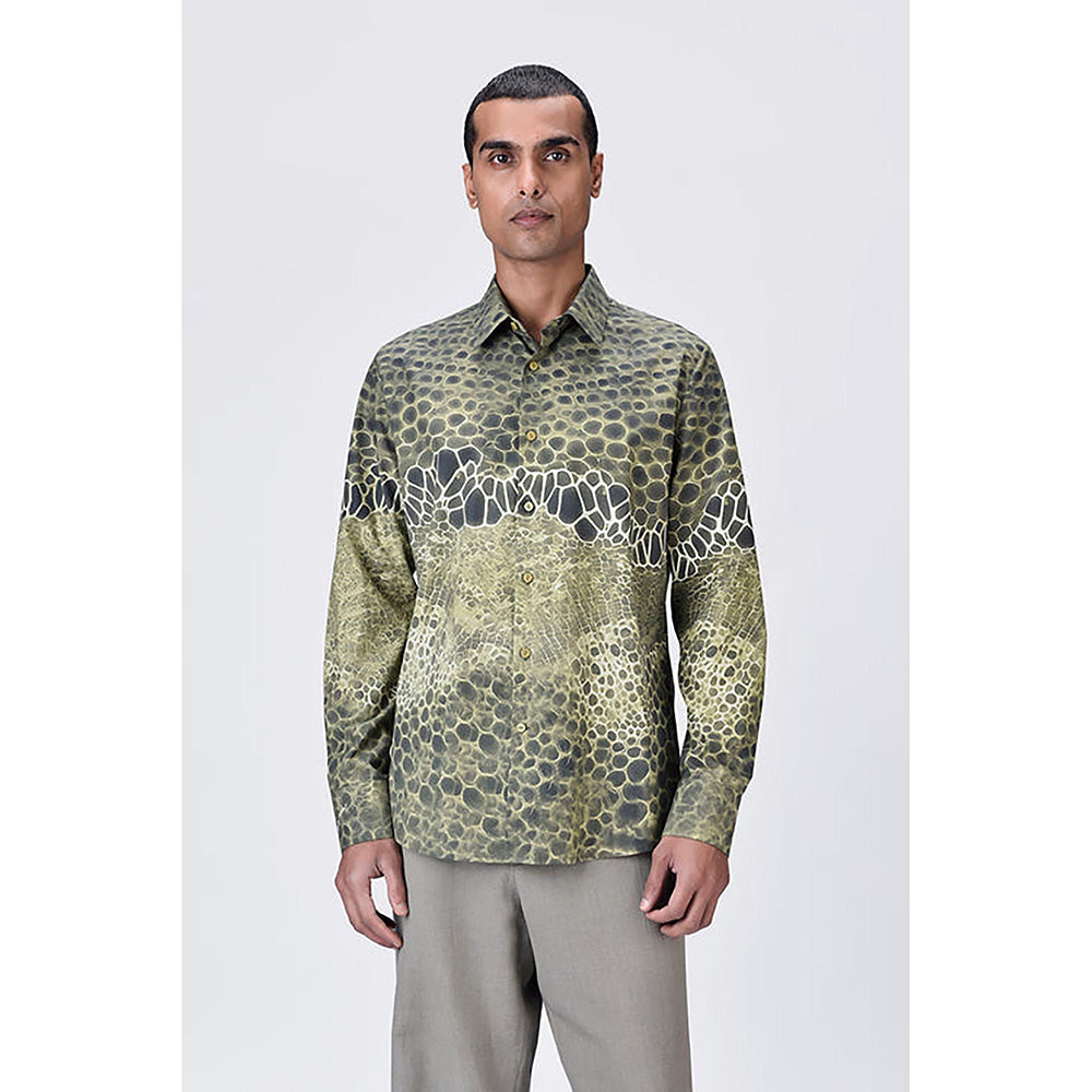 Genes Lecointe Hemant Giza Cotton Poplin Button-Up Shirt With Microcell Print - Clay Green