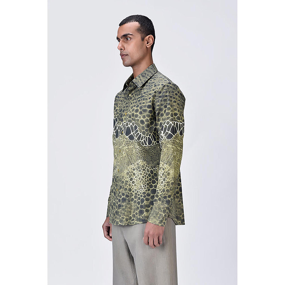 Genes Lecointe Hemant Giza Cotton Poplin Button-Up Shirt With Microcell Print - Clay Green