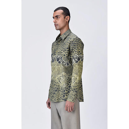 Genes Lecointe Hemant Giza Cotton Poplin Button-Up Shirt With Microcell Print - Clay Green