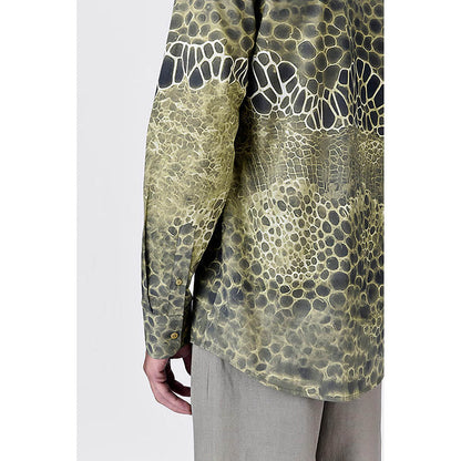 Genes Lecointe Hemant Giza Cotton Poplin Button-Up Shirt With Microcell Print - Clay Green