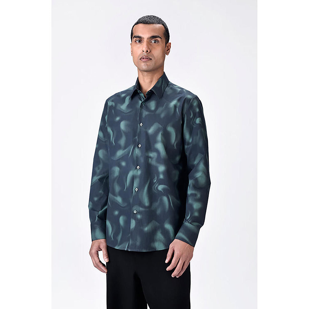 Genes Lecointe Hemant Giza Cotton Poplin Aurora Print Shirt Black Green