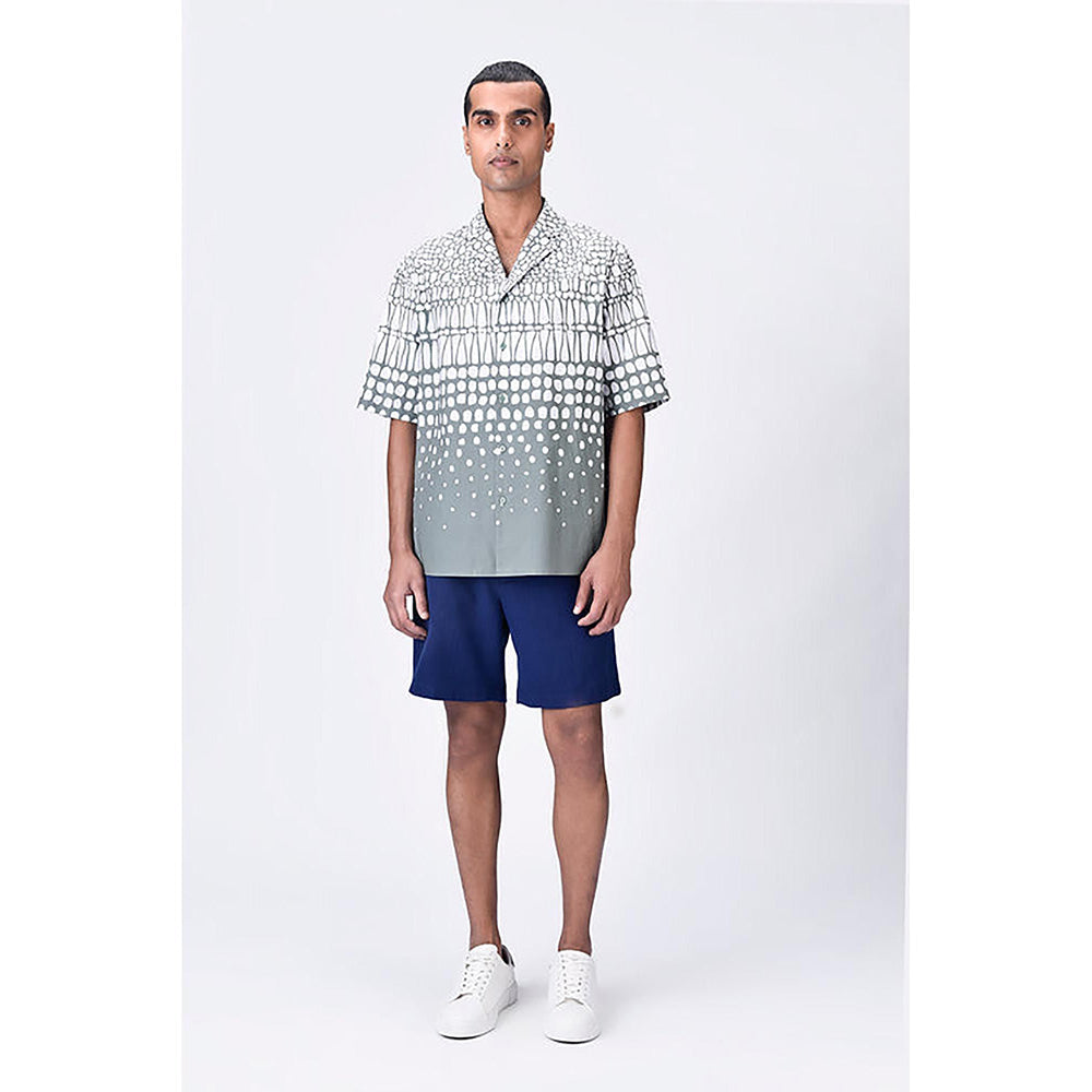 Genes Lecointe Hemant Taupe Easy Fit Cuban Collar Shirt With Cell Degrade Print