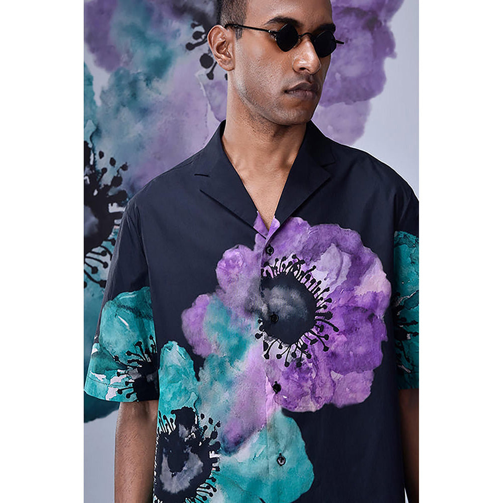 Genes Lecointe Hemant Anemone Flower Relax Fit Cuban Shirt- Green