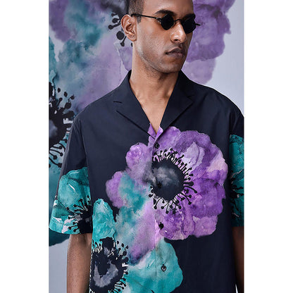 Genes Lecointe Hemant Anemone Flower Relax Fit Cuban Shirt- Green