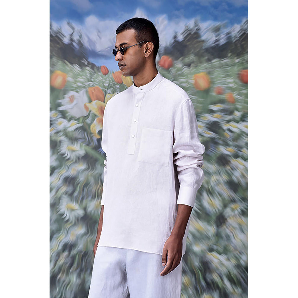 Genes Lecointe Hemant Mandrin Collar Regular Fit Linen Shirt