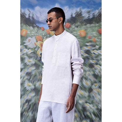 Genes Lecointe Hemant Mandrin Collar Regular Fit Linen Shirt