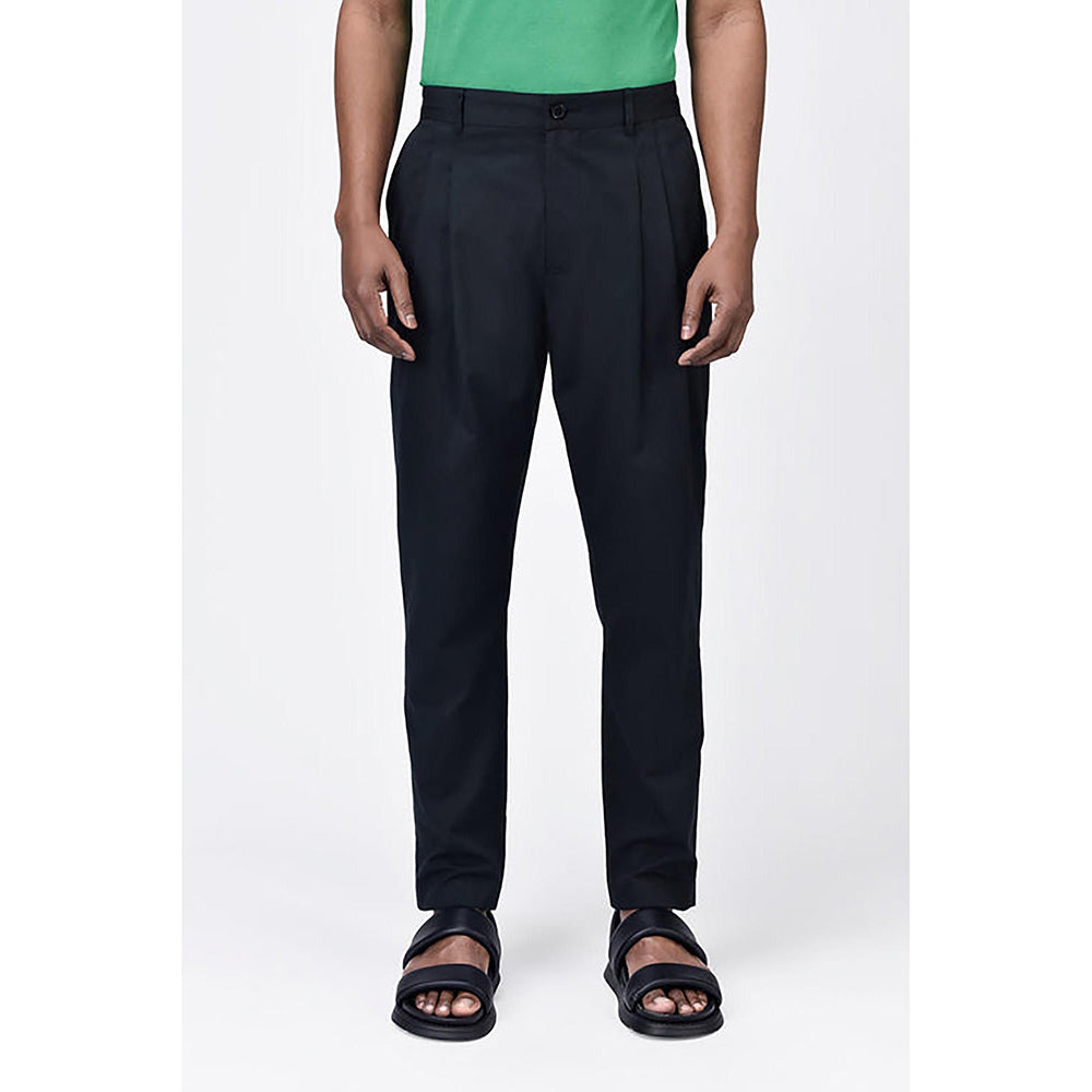 Genes Lecointe Hemant Men's Black Cotton Light Twill Double Pleated Carrot Trousers