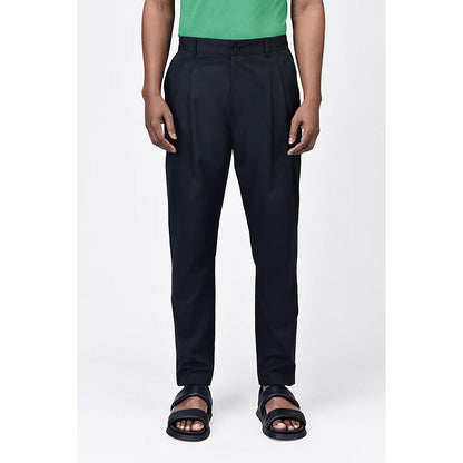 Genes Lecointe Hemant Men's Black Cotton Light Twill Double Pleated Carrot Trousers