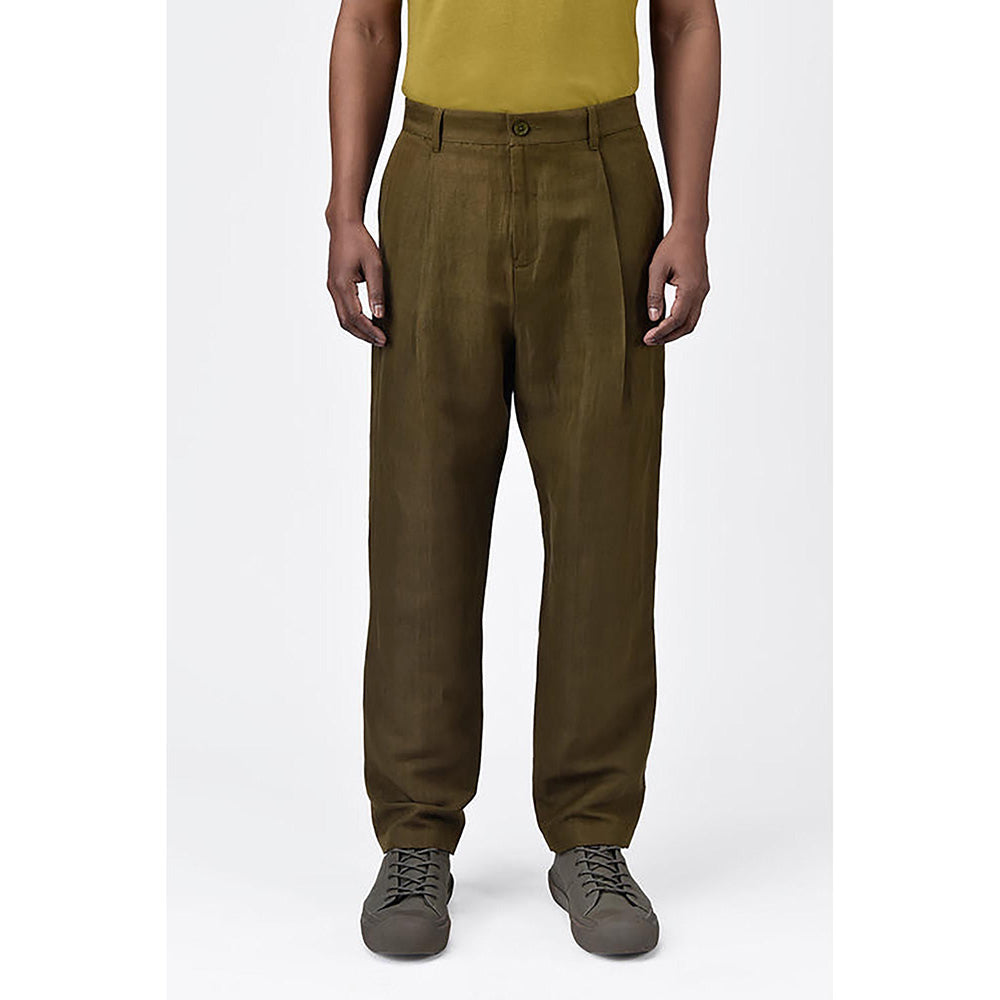 Genes Lecointe Hemant Men's Straight Fit Pleated Trousers Khaki