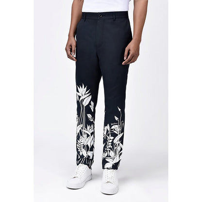 Genes Lecointe Hemant Regular Fit Linen Herringbone Trouser With Tropical Print