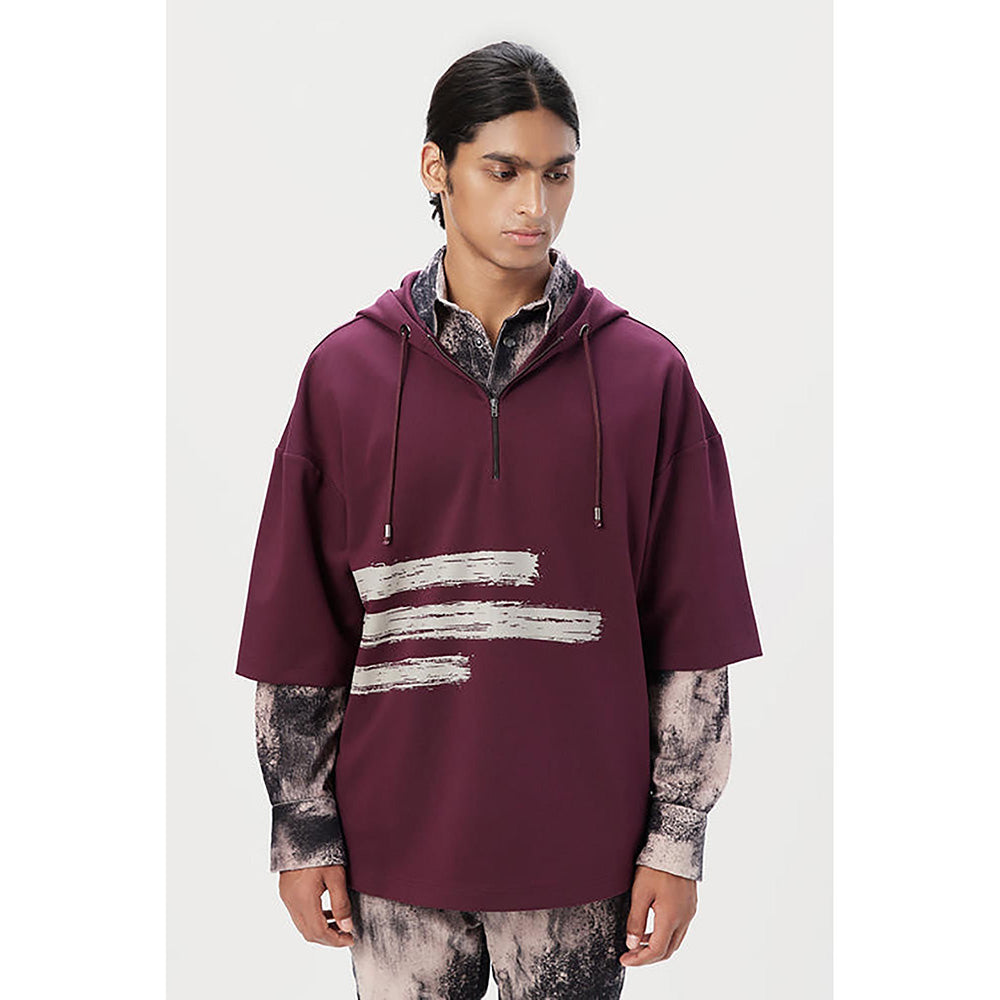 Genes Lecointe Hemant Relaxed Fit Hoodie T-Shirt With Brushed Logo Print Placement- Wine