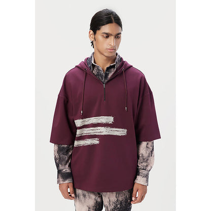 Genes Lecointe Hemant Relaxed Fit Hoodie T-Shirt With Brushed Logo Print Placement- Wine