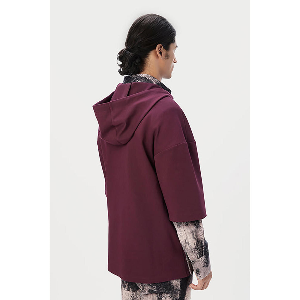 Genes Lecointe Hemant Relaxed Fit Hoodie T-Shirt With Brushed Logo Print Placement- Wine