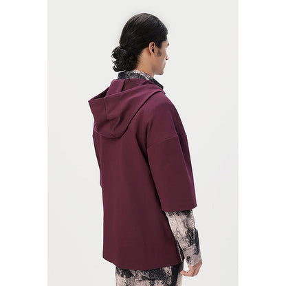 Genes Lecointe Hemant Relaxed Fit Hoodie T-Shirt With Brushed Logo Print Placement- Wine