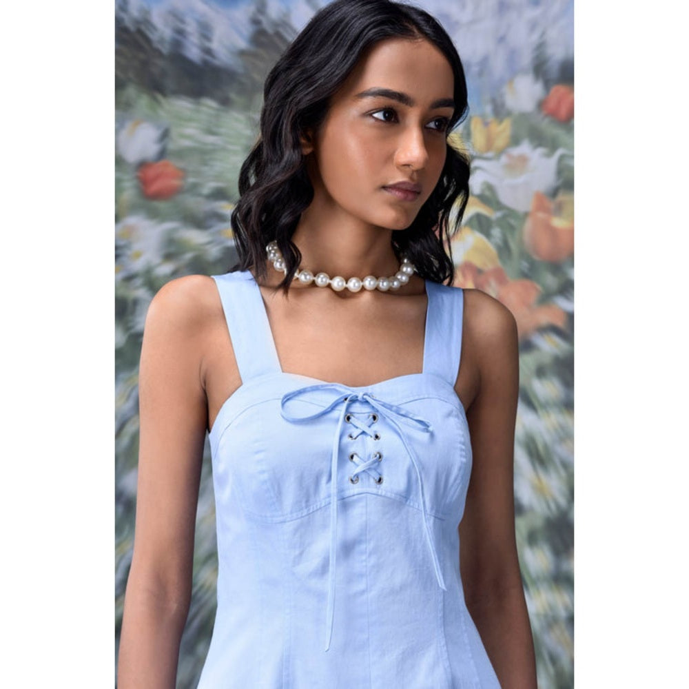 Genes Lecoanet Hemant Cotton Lace Up Slim Fit Dress- Light Blue