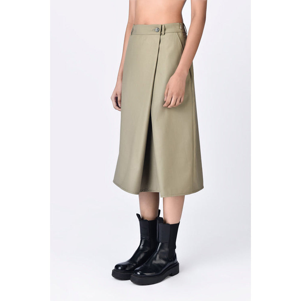 Genes Lecoanet Hemant Olive Wool Solid/Plain Midi Skirt