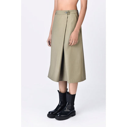 Genes Lecoanet Hemant Olive Wool Solid/Plain Midi Skirt