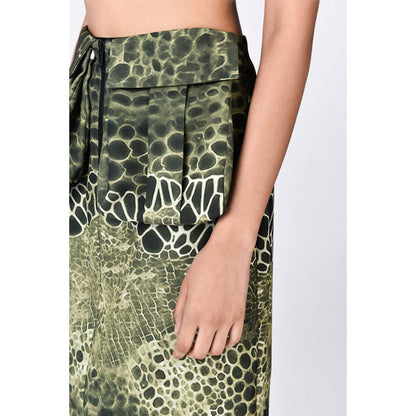 Genes Lecoanet Hemant Green Crepe Printed Midi Skirt