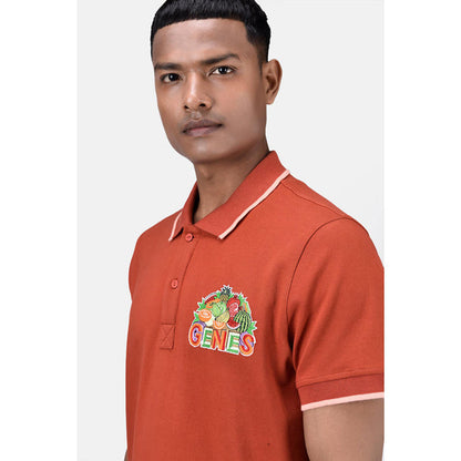 Genes Lecoanet Hemant Regular Fit Men's Polo T-Shirt With Genes Fruit Basket Embroidery Coral Orange