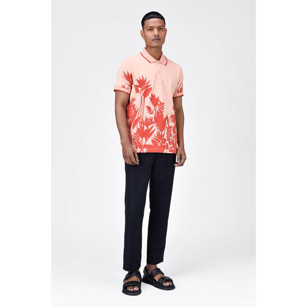Genes Lecoanet Hemant Men's Regular Fit Polo T-Shirt With Tropical Print-Light Peach