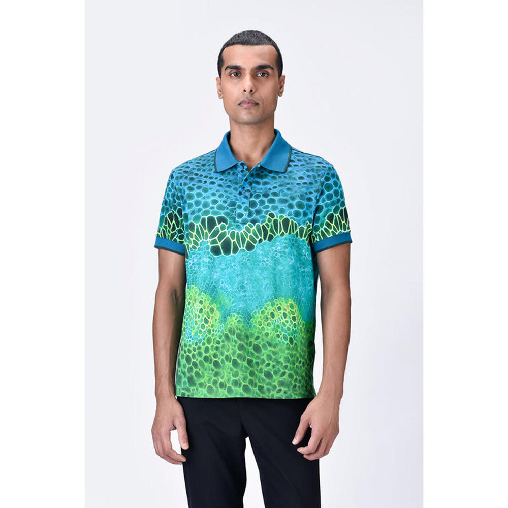 Genes Lecoanet Hemant Cotton Pique Polo T-Shirt With Microcell Print And Contrast Collar - Blue Green