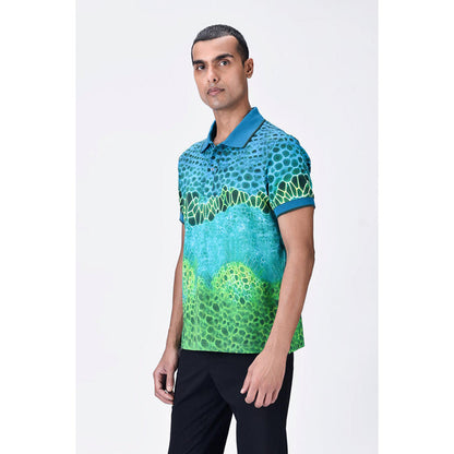 Genes Lecoanet Hemant Cotton Pique Polo T-Shirt With Microcell Print And Contrast Collar - Blue Green