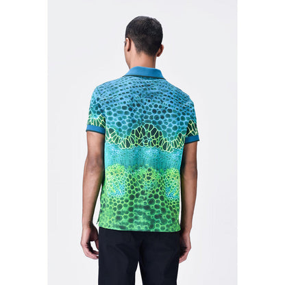 Genes Lecoanet Hemant Cotton Pique Polo T-Shirt With Microcell Print And Contrast Collar - Blue Green
