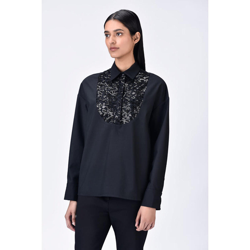 Genes Lecoanet Hemant Black Poly Wool Relaxed Fit Shirt With Embroidered Tulle Yoke