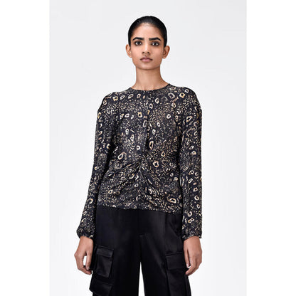Genes Lecoanet Hemant Straight Fit Viscose Satin Top With Twisted Knot And Animal Print