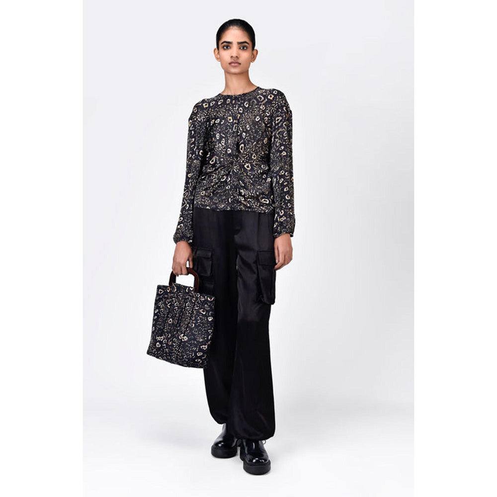 Genes Lecoanet Hemant Straight Fit Viscose Satin Top With Twisted Knot And Animal Print