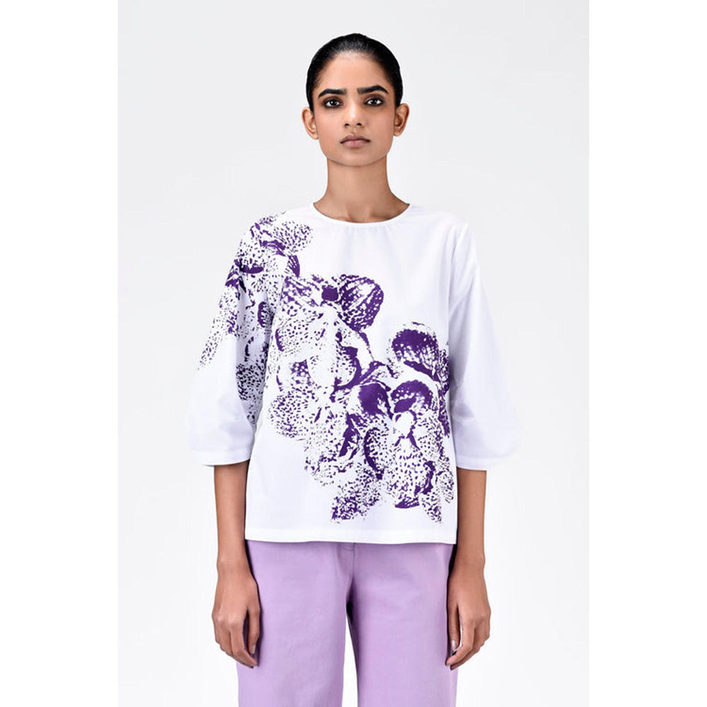 Genes Lecoanet Hemant Women'S Orchid Print Straight Fit Cotton Poplin Top-White