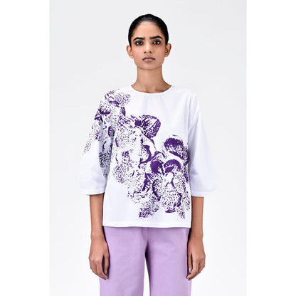 Genes Lecoanet Hemant Women'S Orchid Print Straight Fit Cotton Poplin Top-White