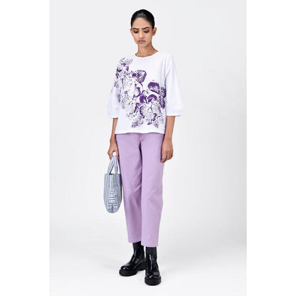 Genes Lecoanet Hemant Women'S Orchid Print Straight Fit Cotton Poplin Top-White