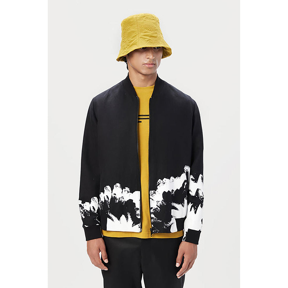 Genes Lecoanet Hemant Black Linen Printed Bomber Jacket