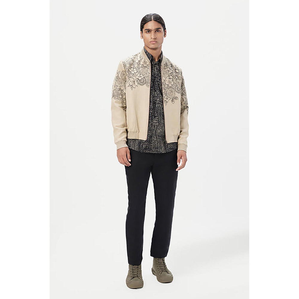 Genes Lecoanet Hemant Beige Linen Floral Bomber Jacket