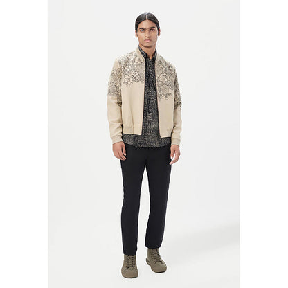 Genes Lecoanet Hemant Beige Linen Floral Bomber Jacket