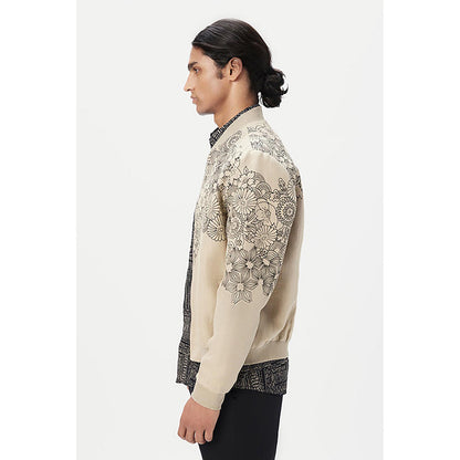 Genes Lecoanet Hemant Beige Linen Floral Bomber Jacket