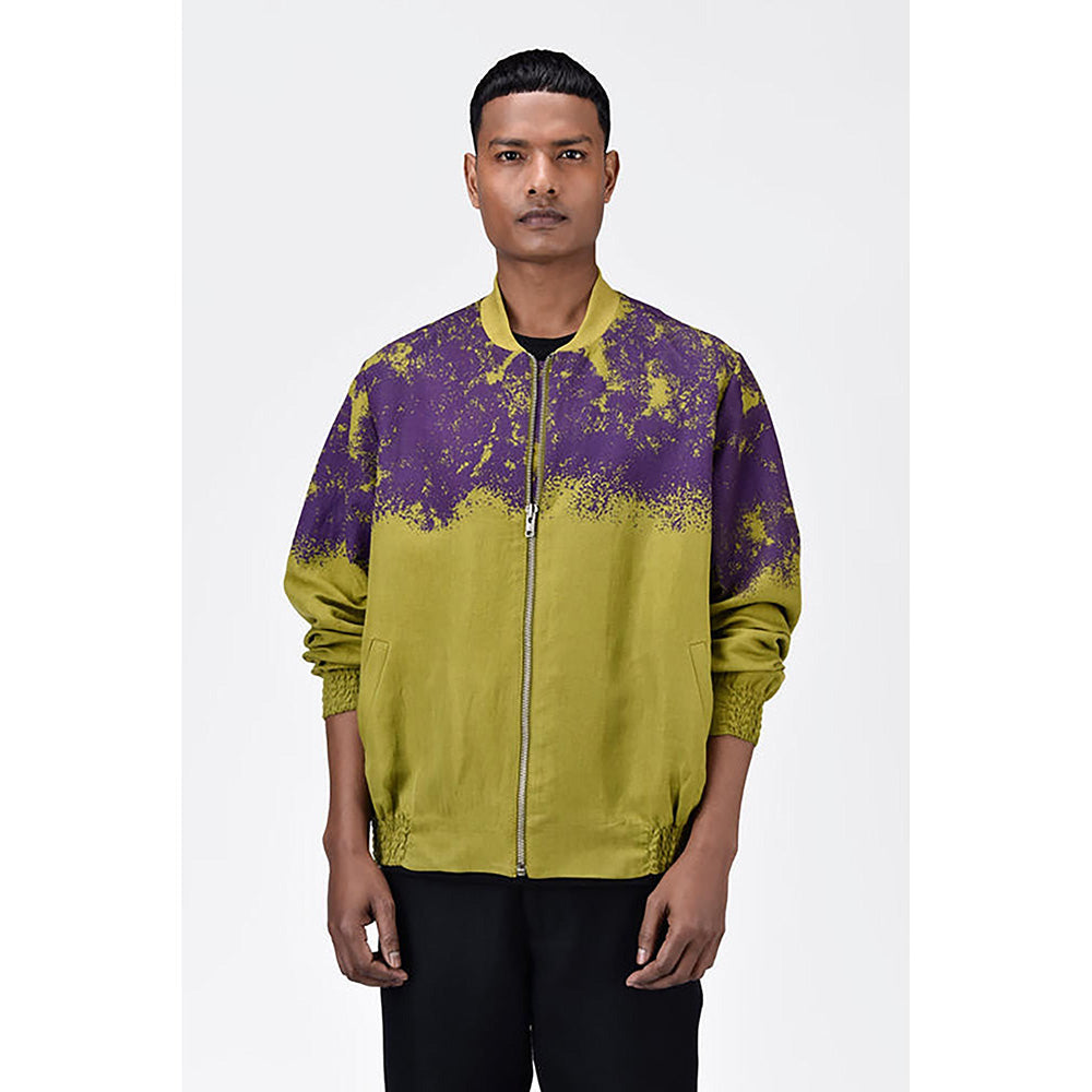 Genes Lecoanet Hemant Green Linen Printed Bomber Jacket