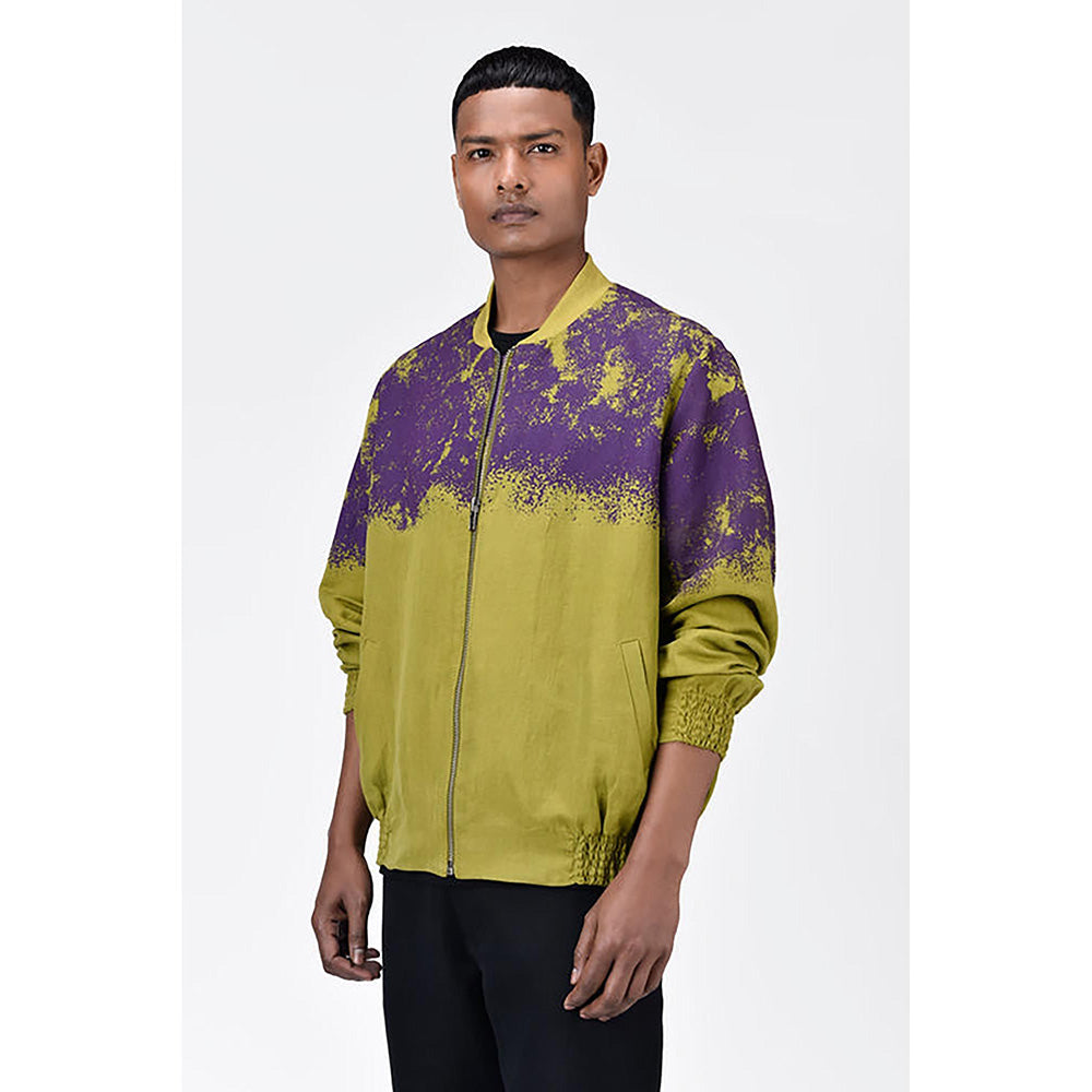 Genes Lecoanet Hemant Green Linen Printed Bomber Jacket