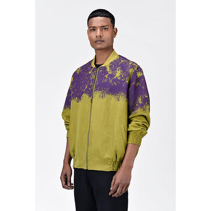 Genes Lecoanet Hemant Green Linen Printed Bomber Jacket