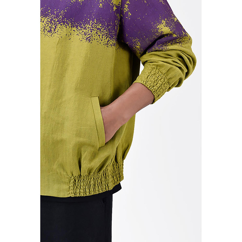 Genes Lecoanet Hemant Green Linen Printed Bomber Jacket