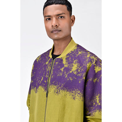 Genes Lecoanet Hemant Green Linen Printed Bomber Jacket
