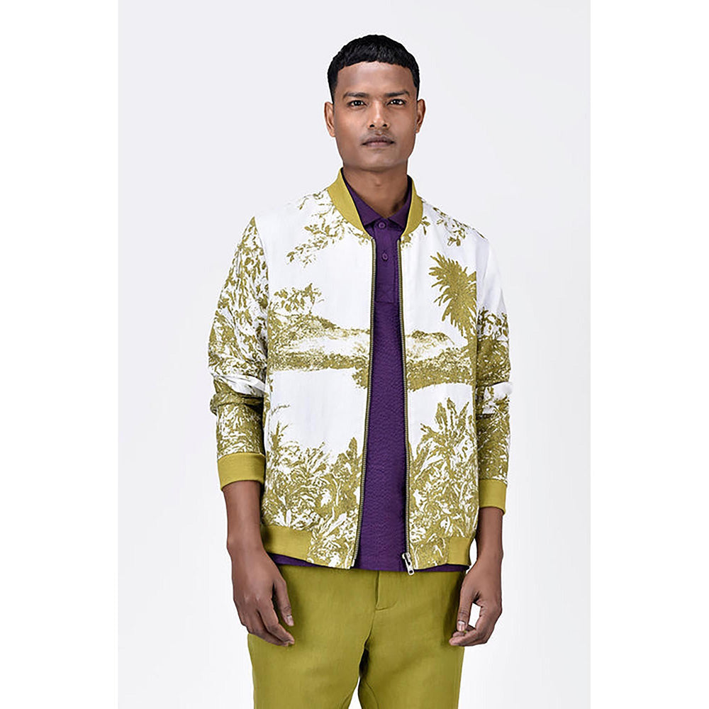 Genes Lecoanet Hemant Men'S Linen Herringbone Easy Fit Bomber Jacket-Bright Olive